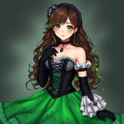 A stunning gothic Victorian maiden anime girl with an hourglass figure, dressed in a tightly laced black corset that perfectly complements a white bodice or chemisette