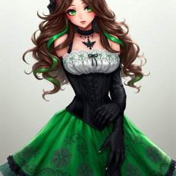 A stunning gothic Victorian maiden anime girl with an hourglass figure, dressed in a tightly laced black corset that perfectly complements a white bodice or chemisette