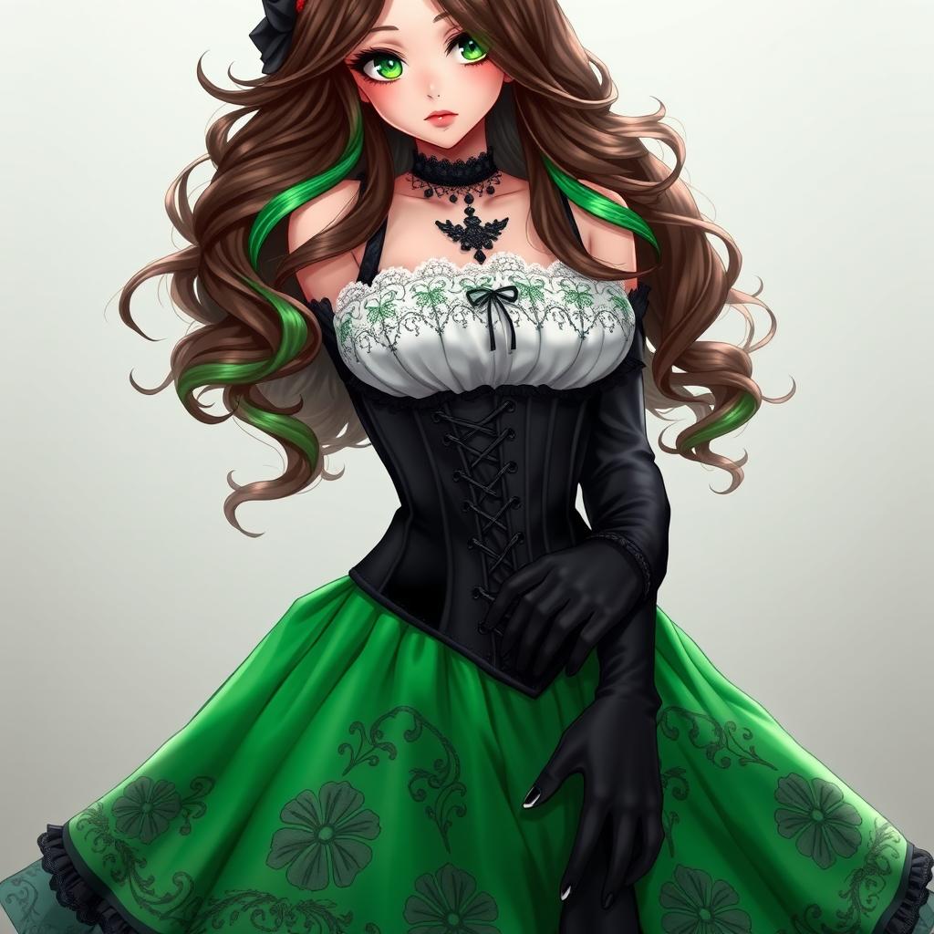 A stunning gothic Victorian maiden anime girl with an hourglass figure, dressed in a tightly laced black corset that perfectly complements a white bodice or chemisette