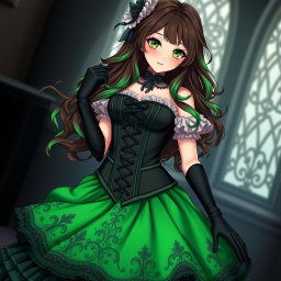 A stunning gothic Victorian maiden anime girl with an hourglass figure, dressed in a tightly laced black corset that perfectly complements a white bodice or chemisette