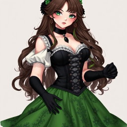 A captivating gothic Victorian maiden anime girl characterized by her voluptuous figure, dressed in a tightly laced black corset that elegantly layers over a white bodice or chemisette