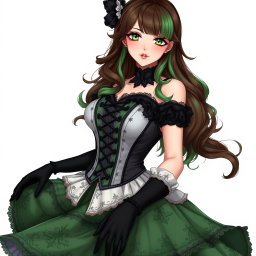 A captivating gothic Victorian maiden anime girl characterized by her voluptuous figure, dressed in a tightly laced black corset that elegantly layers over a white bodice or chemisette