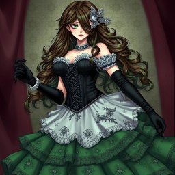 A captivating gothic Victorian maiden anime girl characterized by her voluptuous figure, dressed in a tightly laced black corset that elegantly layers over a white bodice or chemisette