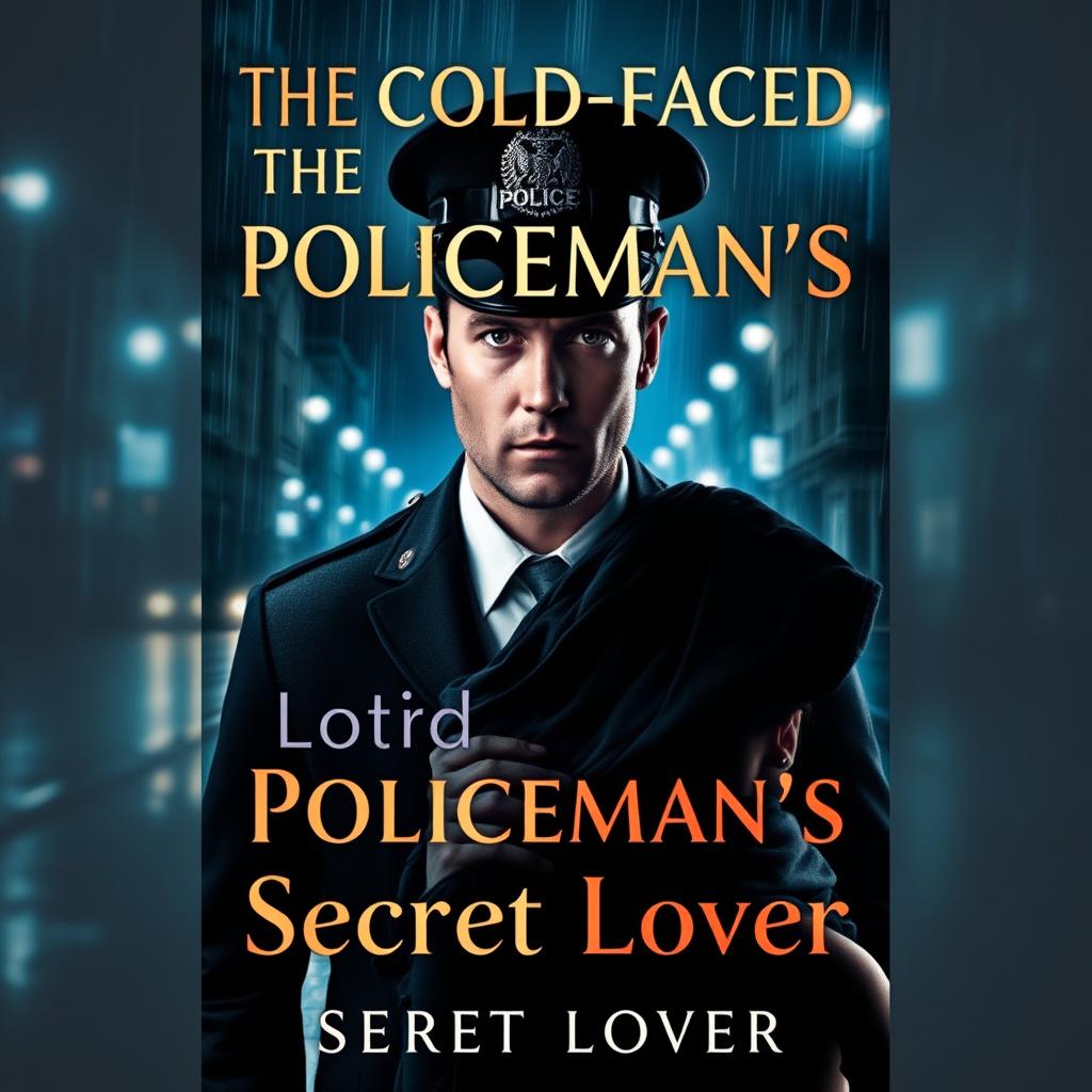A captivating book cover for 'The Cold-Faced Policeman's Secret Lover', featuring a mysterious and intense atmosphere