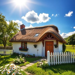 A charming, cozy cottage situated in a lush green landscape, with a thatched roof, wooden door, and flower-filled window boxes