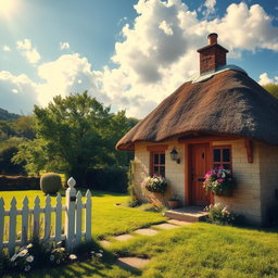 A charming, cozy cottage situated in a lush green landscape, with a thatched roof, wooden door, and flower-filled window boxes