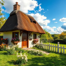 A charming, cozy cottage situated in a lush green landscape, with a thatched roof, wooden door, and flower-filled window boxes