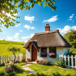 A charming, cozy cottage situated in a lush green landscape, with a thatched roof, wooden door, and flower-filled window boxes