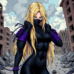 A female villain with long, dirty blonde hair cascading down her back, exuding an air of confidence and menace