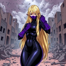A female villain with long, dirty blonde hair cascading down her back, exuding an air of confidence and menace