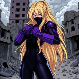 A female villain with long, dirty blonde hair cascading down her back, exuding an air of confidence and menace