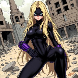 A female villain with long, dirty blonde hair cascading down her back, exuding an air of confidence and menace