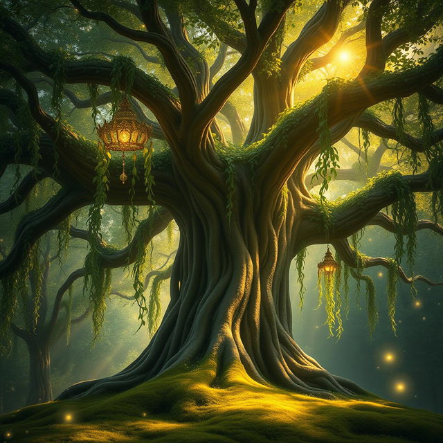 An ancient tree with a large, sturdy trunk and sprawling branches, covered in lush green vines