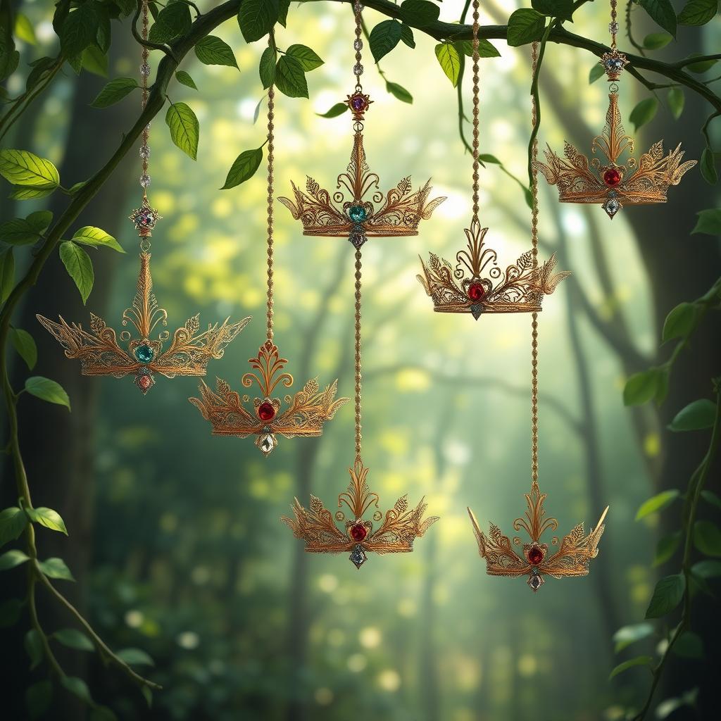 A serene fantasy scene depicting intricate elf crowns artistically hung on lush green vines