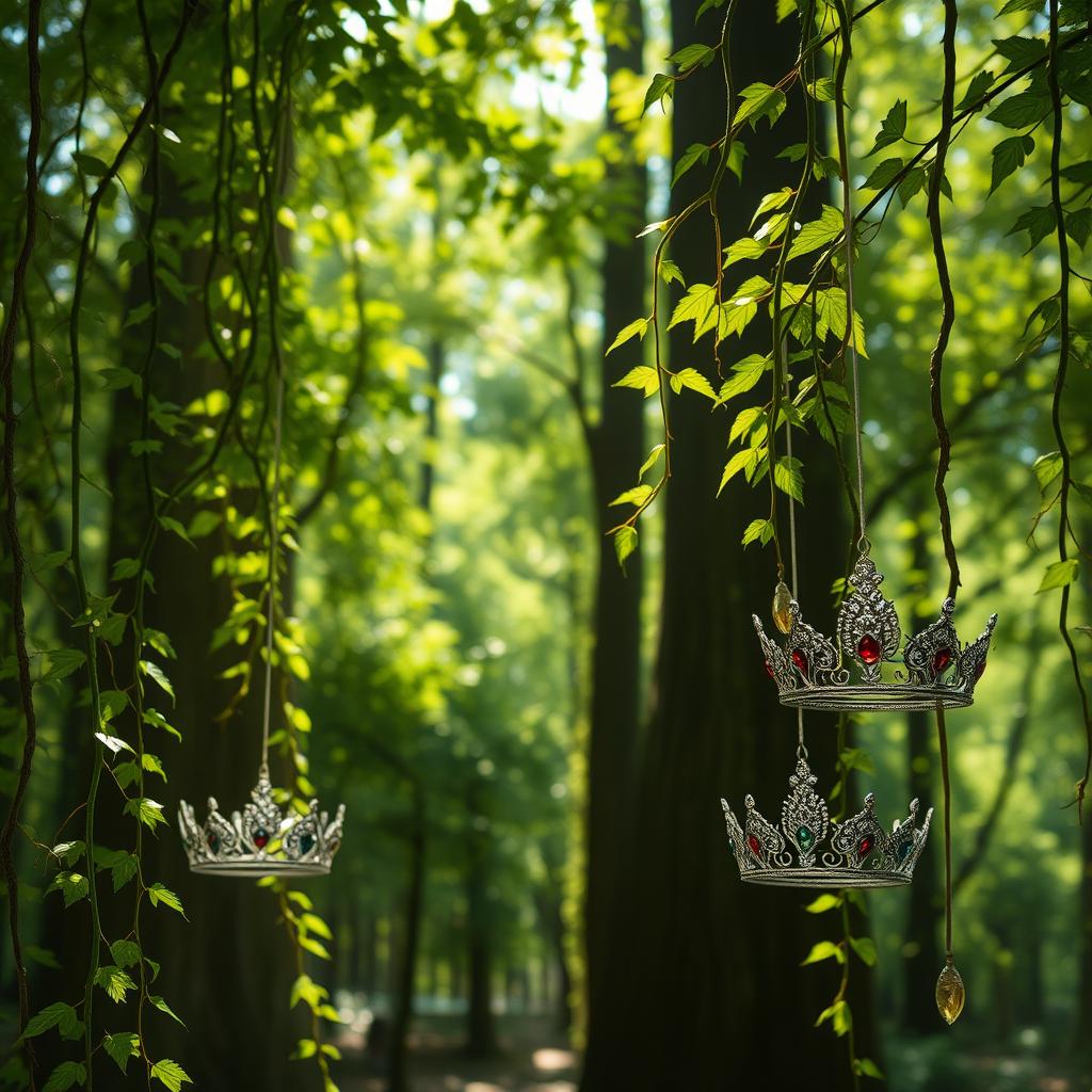 A serene forest scene with lush green vines gracefully hanging from tall trees
