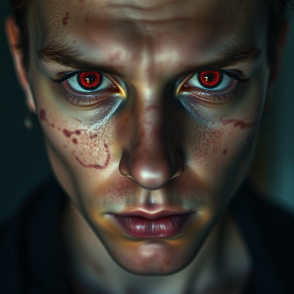 A close-up portrait of a person with striking red eyes and visible scars on their face