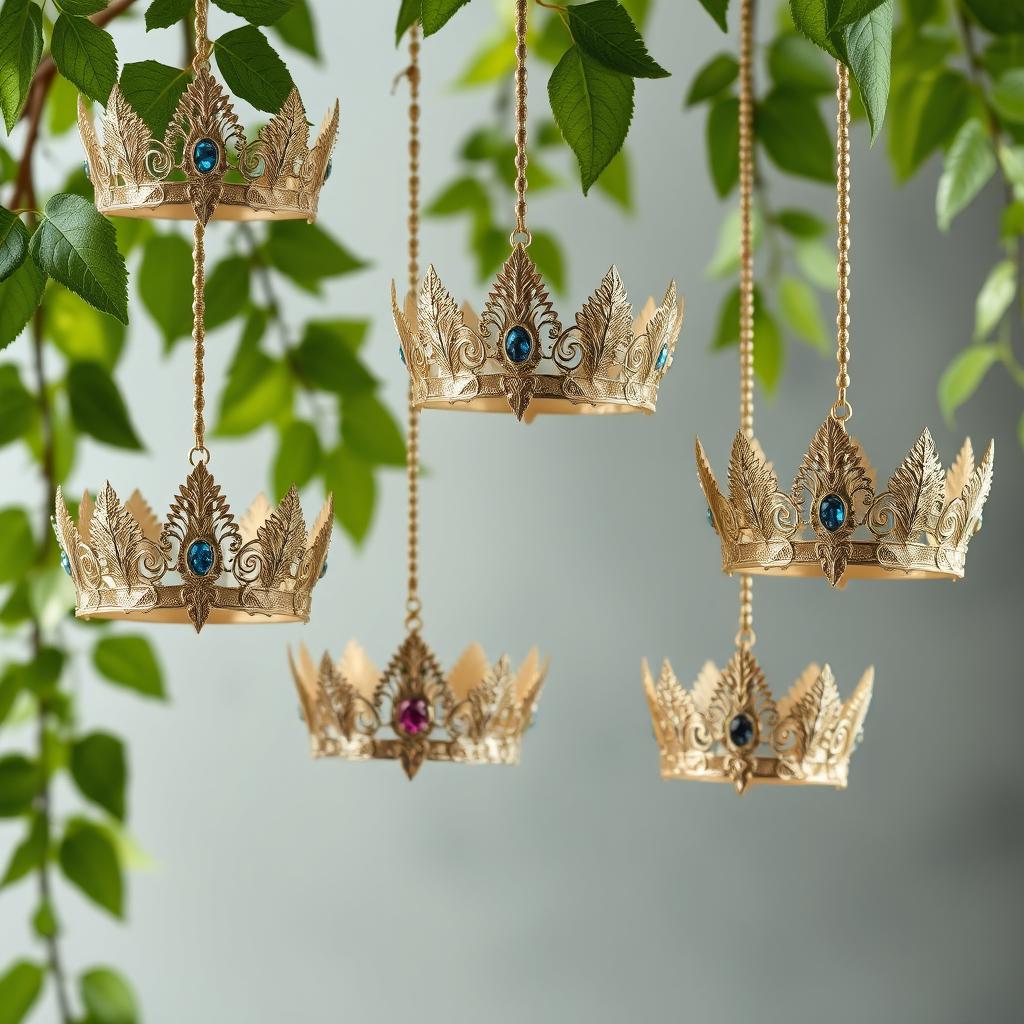 A collection of elegant elf crowns delicately hanging from lush green vines