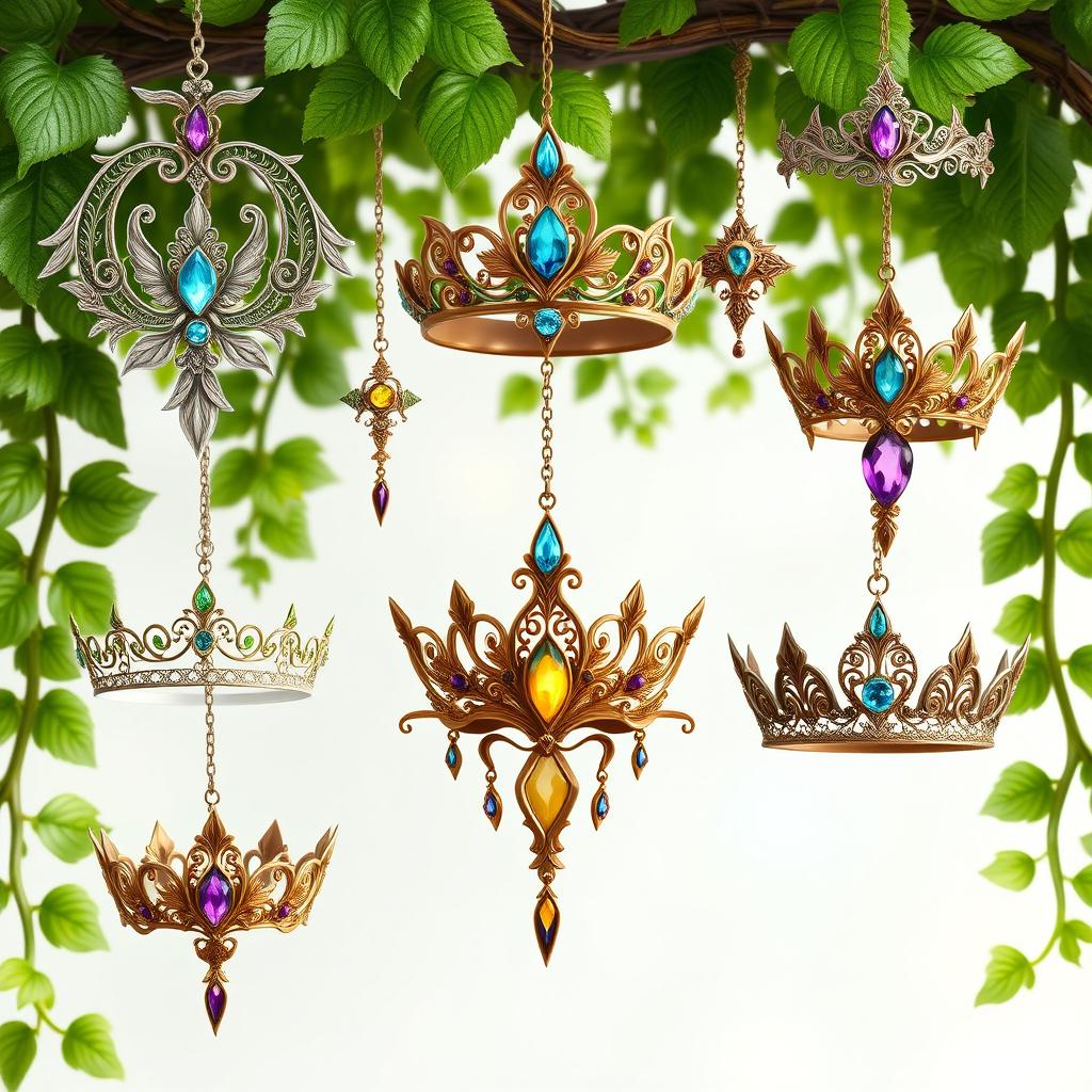 A collection of different styles of elven crowns, intricately designed, hanging gracefully on lush green vines