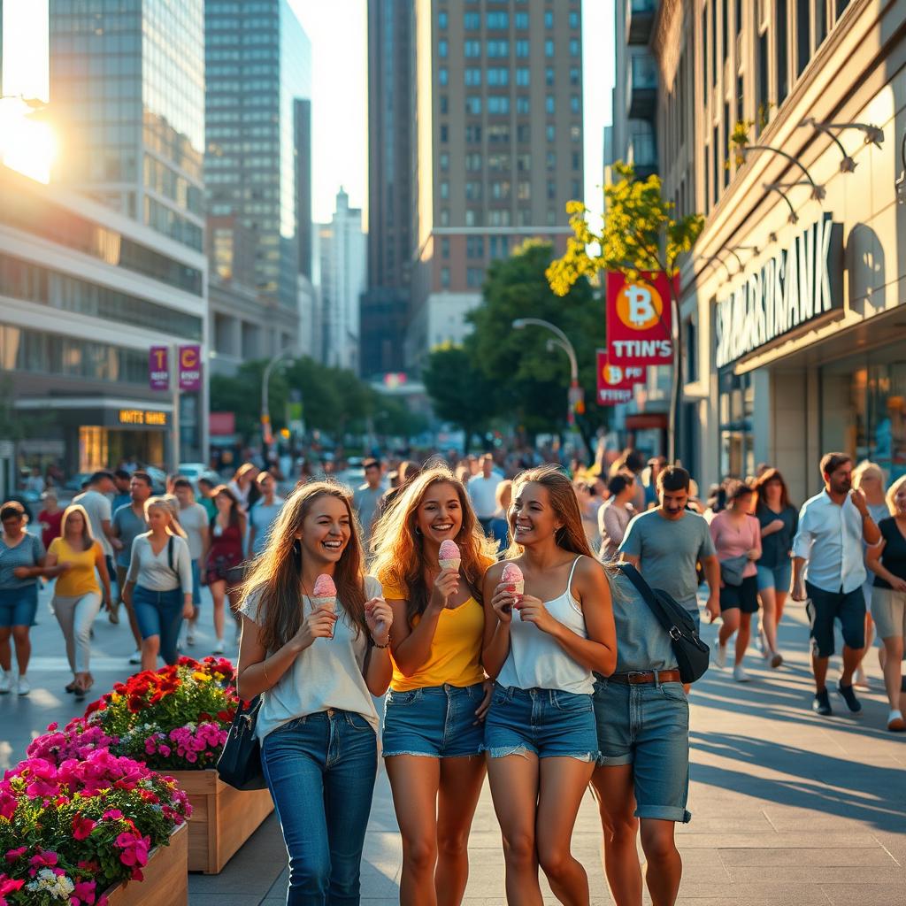 A vibrant city street scene during the golden hour, highlighting the bustling atmosphere with numerous people walking and vibrant storefronts