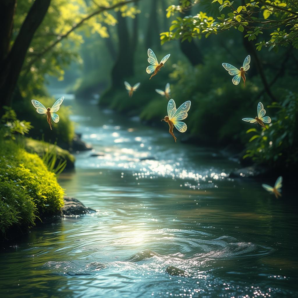 A serene river flowing through an enchanted forest, with delicate fairies fluttering above the sparkling water