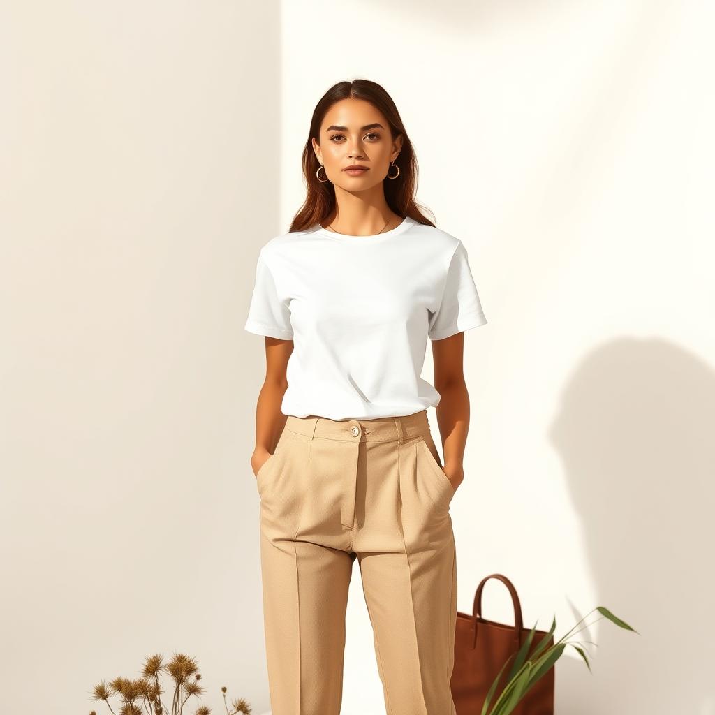 A model stands confidently in front of a bright, neutral backdrop, showcasing a timeless fashion look