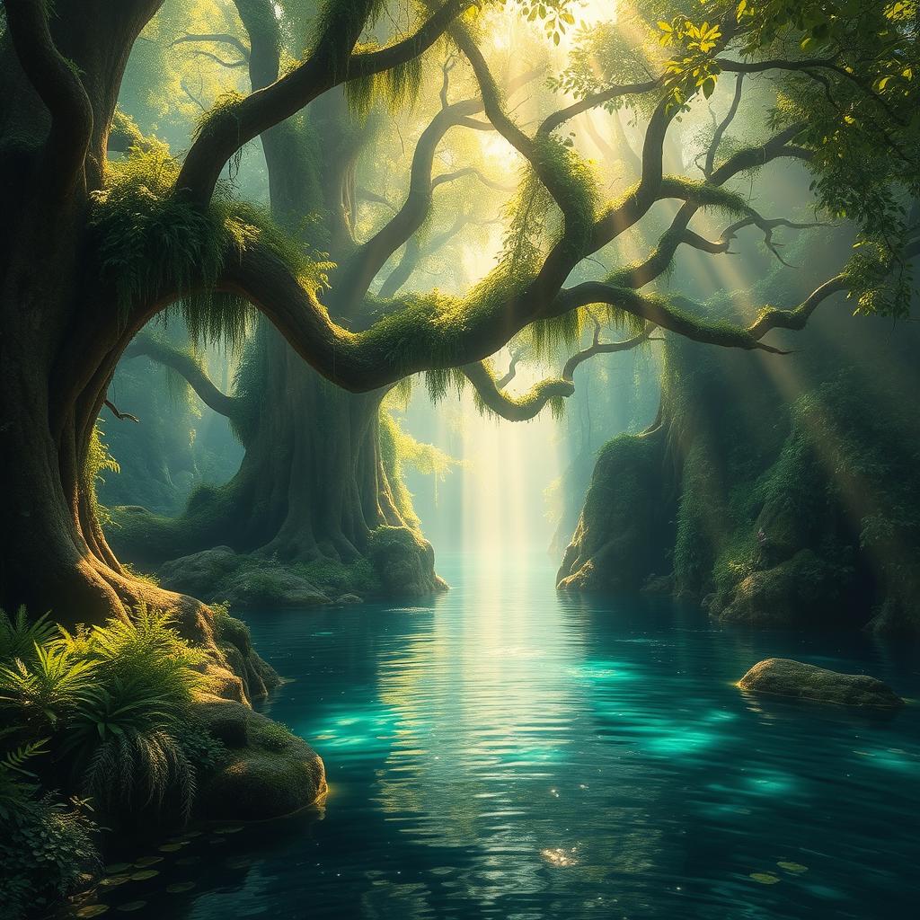 An enchanted forest above water, bathed in soft, ethereal light that casts a magical glow on the lush greenery and sparkling water