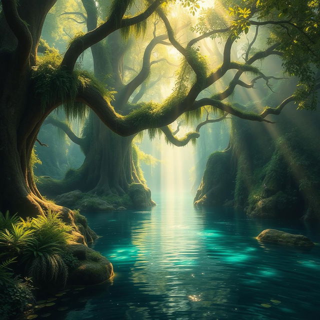 An enchanted forest above water, bathed in soft, ethereal light that casts a magical glow on the lush greenery and sparkling water