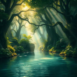 An enchanted forest above water, bathed in soft, ethereal light that casts a magical glow on the lush greenery and sparkling water