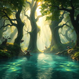 An enchanted forest above water, bathed in soft, ethereal light that casts a magical glow on the lush greenery and sparkling water