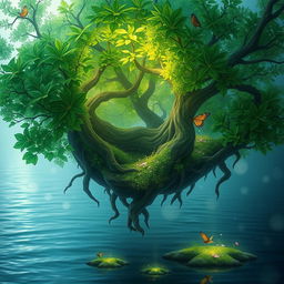 An enchanted forest floating above a shimmering body of water, with trees adorned in vibrant, lush green leaves