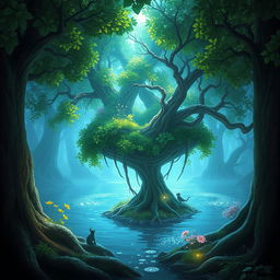 An enchanted forest floating above a shimmering body of water, with trees adorned in vibrant, lush green leaves