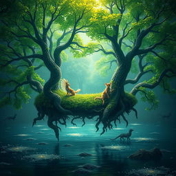 An enchanted forest floating above a shimmering body of water, with trees adorned in vibrant, lush green leaves