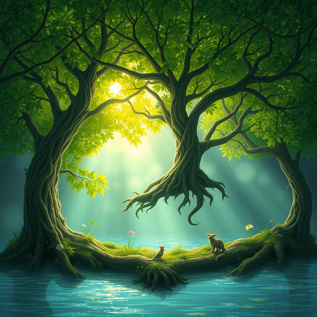 An enchanted forest floating above a shimmering body of water, with trees adorned in vibrant, lush green leaves