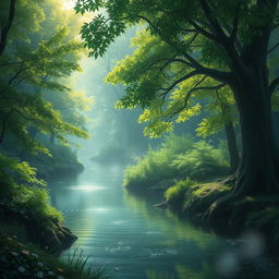 An enchanted forest featuring a serene body of water, where the scene is bathed in soft, ethereal light that creates a magical glow upon the lush greenery