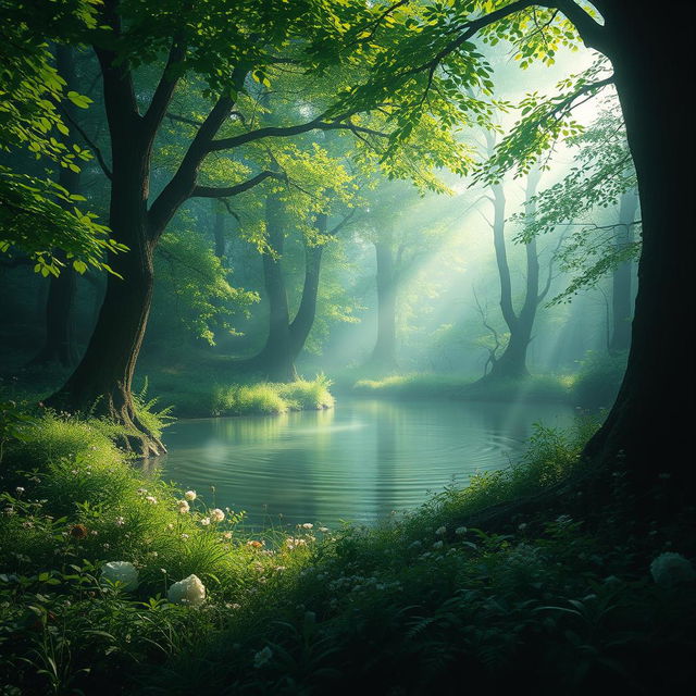 An enchanted forest featuring a serene body of water, where the scene is bathed in soft, ethereal light that creates a magical glow upon the lush greenery