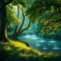 An enchanted forest featuring a serene body of water, where the scene is bathed in soft, ethereal light that creates a magical glow upon the lush greenery