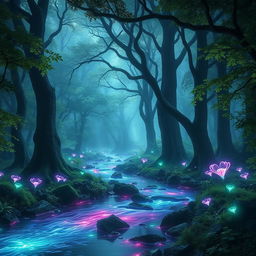 A mystical enchanted forest bathed in soft ethereal light