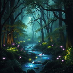 A mystical enchanted forest bathed in soft ethereal light
