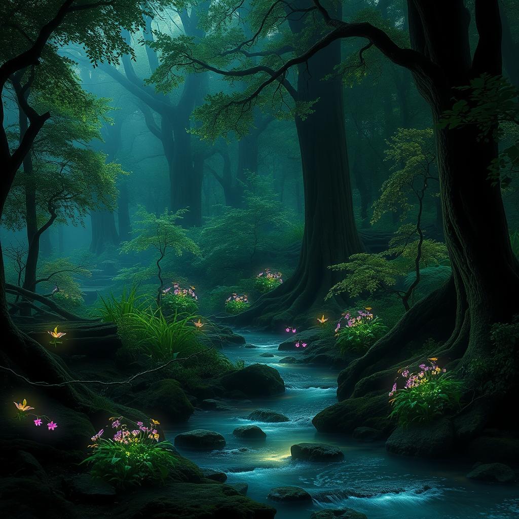 A mystical enchanted forest bathed in soft ethereal light
