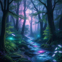 A mystical enchanted forest bathed in soft ethereal light