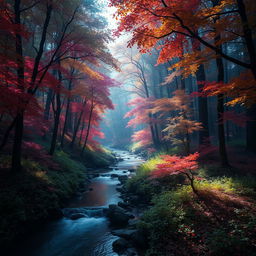 An enchanted forest filled with densely packed trees, their leaves shimmering with a magical glow in vibrant hues