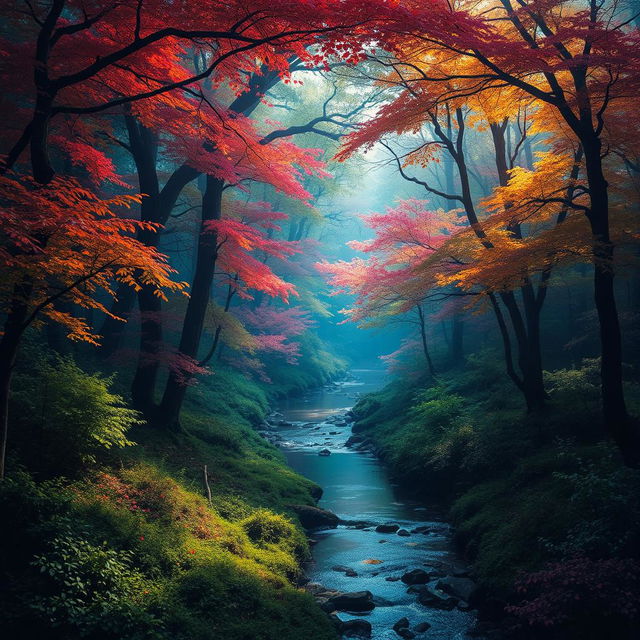 An enchanted forest filled with densely packed trees, their leaves shimmering with a magical glow in vibrant hues