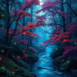 An enchanted forest filled with densely packed trees, their leaves shimmering with a magical glow in vibrant hues