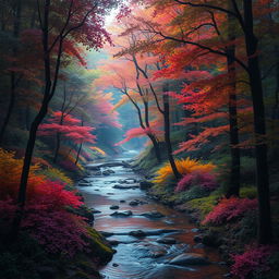 An enchanted forest filled with densely packed trees, their leaves shimmering with a magical glow in vibrant hues