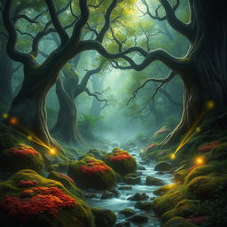An enchanted magical wood filled with vibrant greenery and swirling mist