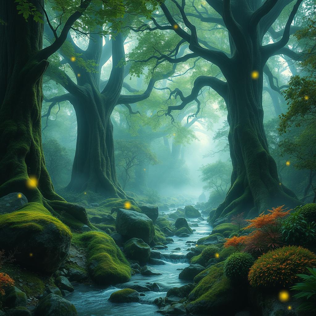An enchanted magical wood filled with vibrant greenery and swirling mist