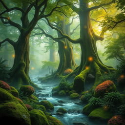 An enchanted magical wood filled with vibrant greenery and swirling mist