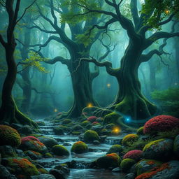 An enchanted magical wood filled with vibrant greenery and swirling mist
