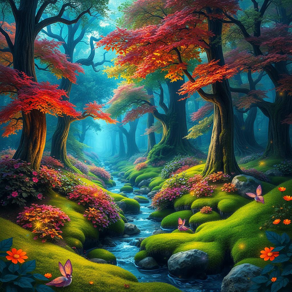 A vibrant magic forest teeming with life and color