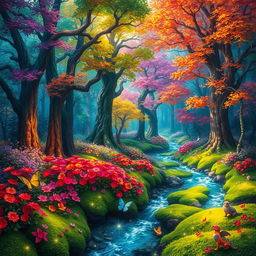 A vibrant magic forest teeming with life and color